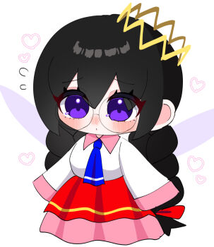 1girl alt_0218 black_hair blush braid chibi commentary_request crown fairy fairy_wings flying_sweatdrops glasses heart highres kirby_(series) kirby_64 long_hair long_skirt low_twin_braids nintendo ripple_star_queen simple_background skirt twin_braids white_background wings
