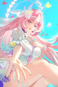 1girl blue_sky breasts bridal_veil commentary cyrene_(honkai:_star_rail) cyrene_(ripples_of_past_reverie)_(honkai:_star_rail) diamond-shaped_pupils diamond_(shape) dress erection halo highres honkai:_star_rail honkai_(series) large_breasts long_hair looking_at_viewer megumi_ml multicolored_hair pink_hair purple_eyes reaching reaching_towards_viewer sky smile solo symbol-shaped_pupils thighs two-tone_hair veil very_long_hair white_dress white_hair