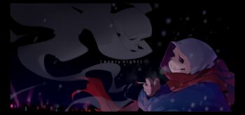 2others alternate_universe asaiiro black_background black_sclera blue_hoodie building cigarette city_lights colored_sclera commentary dusttale elbows_together english_commentary facing_to_the_side ghost grey_hood highres holding holding_cigarette hood hood_up hoodie letterboxed light_particles looking_up multiple_others night outdoors red_eyes red_scarf sans_(undertale) scarf skeleton skyline smoke smoke_trail upper_body wind