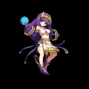bandeau belt black_background blue_eyes boots breasts brown_belt closed_mouth elbow_gloves full_body gloves highres large_breasts long_hair merc_storia merc_storia_art_team navel noemi_(merc_storia) official_art open_hands orb pelvic_curtain purple_boots purple_gloves purple_hair short_shorts shorts sidelocks simple_background solo standing tachi-e tiara white_shorts
