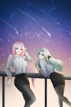 Rule 34 | 2girls, black pantyhose, black skirt, blue eyes, breasts, commentary, elf, elysia (honkai impact), elysia (office lady) (honkai impact), english commentary, firefly (honkai: star rail), grey hair, highres, honkai: star rail, honkai (series), honkai impact 3rd, large breasts, long hair, multiple girls, night, official alternate costume, open mouth, pantyhose, pencil skirt, pink hair, pointy ears, shirt, shooting star, skirt, sky, star (sky), starry sky, very long hair, white shirt, yakmeephuawkaa