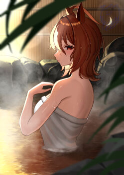 1girl agnes_tachyon_(umamusume) ahoge animal_ears bare_shoulders breasts brown_hair cropped_torso from_side hair_between_eyes highres horse_ears horse_girl huge_ahoge medium_breasts medium_hair motusii naked_towel onsen outdoors red_eyes solo towel umamusume water