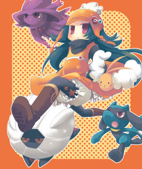 1girl alternate_color bloomers blue_hair boots brown_boots character_request chullo dress floating_clothes floating_hair full_body gen_3_pokemon gen_4_pokemon hands_in_pockets layered_sleeves long_sleeves looking_at_viewer mismagius nintendo o3o orange_dress pantyhose pink_eyes pixiv_trainer pokemon pokemon_(creature) riolu running shelgon shiny_pokemon short_over_long_sleeves short_sleeves swablu turtleneck underwear yuzuki_gao