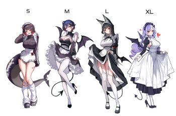 4girls absurdres alternate_breast_size_(larger) alternate_costume animal_ears apron arm_behind_head bandaid bandaid_on_leg belle_(zenless_zone_zero) black_dress black_hair black_jacket black_panties black_shoes black_shrug black_wings blue_hair blush bow breasts closed_mouth colored_inner_hair commentary_request demon_tail demon_wings dress drill_hair ellen_joe enmaided fake_horns fake_tail fake_wings fins fish_tail fox_ears fox_girl full_body garter_straps green_eyes hair_between_eyes hair_ornament hairband heart high_heels highres horns hoshimi_miyabi jacket large_breasts layered_dress leg_warmers letter_hair_ornament lifting_own_clothes long_hair long_sleeves looking_at_viewer maid maid_apron maid_headdress mini_wings mole mole_under_eye multicolored_hair multiple_girls open_mouth panties pantyhose pointy_ears purple_hair purple_hairband raised_eyebrow razor_blade_hair_ornament red_bow red_eyes revision scar scar_on_tail shark_girl shark_tail shoes short_hair shrug_(clothing) sideboob simple_background skirt_hold smile standing standing_on_one_leg tail thighhighs underwear very_long_hair vivian_banshee white_apron white_background white_dress white_leg_warmers white_pantyhose white_thighhighs wings yuna_(deadawon) zenless_zone_zero zipper