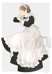 Rule 34 | 1girl, akai sashimi, apron, artist name, black dress, border, brown hair, closed eyes, closed mouth, collared dress, dress, frilled apron, frills, full body, grey background, hair bun, hand up, head rest, highres, long dress, long sleeves, maid, maid apron, maid headdress, original, outside border, revision, simple background, sitting, sleeve cuffs, solo, white apron, white border