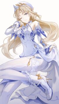 1girl bare_shoulders blonde_hair blue_eyes boots closed_mouth commentary_request detached_sleeves dress floating_hair genshin_impact hand_up haru_same322 hat high_heel_boots high_heels highres lifting_own_clothes long_hair long_sleeves looking_at_viewer nicole_reeyn one_eye_closed pantyhose smile standing standing_on_one_leg symbol-shaped_pupils thighs white_boots white_dress white_hat white_pantyhose