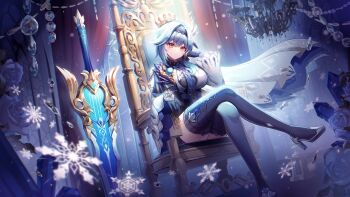 1girl arm_rest black_gloves black_hairband black_thighhighs blue_hair blue_necktie bodysuit breasts butterfly_hair_ornament chair chandelier closed_mouth clothing_cutout commentary_request crossed_legs crown eula_(genshin_impact) flower genshin_impact gloves hair_ornament hairband hand_on_own_cheek hand_on_own_face hayun head_rest high_heels highres indoors jewelry large_breasts long_hair looking_at_viewer necktie on_chair purple_eyes revision ring rose shoulder_cutout sitting snowflakes solo song_of_broken_pines_(genshin_impact) sword thighhighs vision_(genshin_impact) weapon wide_sleeves