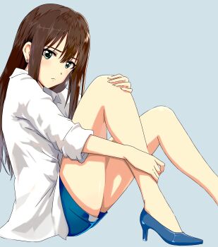 1girl absurdres bad_id bad_pixiv_id blue_footwear blue_shorts brown_hair collared_shirt dress_shirt earrings female_focus full_body green_eyes grey_background high_heels highres idolmaster idolmaster_cinderella_girls jewelry long_hair looking_at_viewer pump pumps shibuya_rin shiki_(0802makimari) shirt short_shorts shorts simple_background sitting solo white_shirt wing_collar