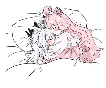 2girls ahoge animal_ear_fluff animal_ears blue_archive cat_ears cat_girl closed_eyes commentary_request e_v_e_neko highres hina_(blue_archive) horns hoshino_(blue_archive) kemonomimi_mode long_hair multiple_girls pajamas pink_hair pink_pajamas yuri