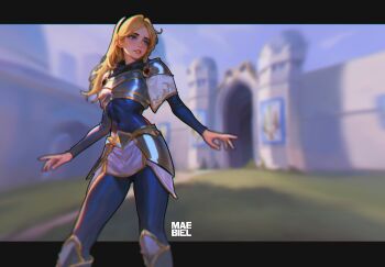 1girl armor artist_name black_bodysuit black_hairband blue_eyes blurry blurry_background bodysuit boots breastplate castle covered_navel day feet_out_of_frame hairband knee_boots league_of_legends long_hair long_sleeves lux_(league_of_legends) maebiel outdoors parted_lips shiny_clothes shoulder_plates skirt solo teeth white_skirt
