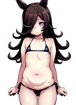 1girl absurdres alkaid_exec animal_ears bikini brown_hair cameltoe female_focus flat_chest hair_over_one_eye highres horse_ears horse_girl loli long_hair looking_at_viewer micro_bikini navel plump purple_eyes rice_shower_(umamusume) simple_background standing swimsuit umamusume white_background