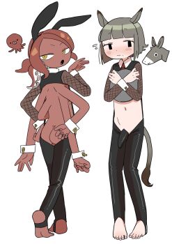 2boys animal_ears ass black_eyes black_legwear blunt_bangs blunt_ends blush brown_hair codpiece dark_skin donkey donkey_ears donkey_tail extra_arms fake_animal_ears from_behind full_body highres ikuta_semi looking_back male_focus mole mole_under_mouth monster_boy multiple_boys octopus octopus_boy original rabbit_ears simple_background tentacle_hair toeless_legwear trap white_background yellow_eyes