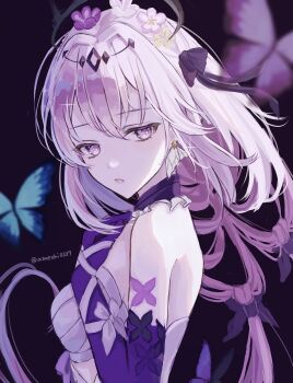 Rule 34 | 1girl, ameshi0227, animal print, arm tattoo, backlighting, bare shoulders, black background, black bow, black choker, blue butterfly, bow, breasts, bright pupils, bug, butterfly, butterfly print, butterfly tattoo, castorice (honkai: star rail), choker, commentary request, double-parted bangs, earrings, elbow gloves, flower, frilled choker, frills, from side, gloves, hair between eyes, hair bow, hair flower, hair intakes, hair ornament, hand on own chest, highres, honkai: star rail, honkai (series), insect, jewelry, long hair, looking back, looking to the side, low twintails, parted lips, pink flower, pink hair, purple butterfly, purple eyes, purple flower, purple gloves, simple background, skinny, small breasts, solo, sparkle, tattoo, turning head, twintails, upper body, white pupils, wing earrings, yellow flower