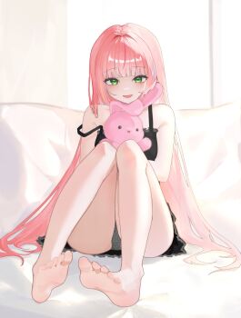 1girl absurdres akaimeneko barefoot black_dress blush commentary crotch_seam dress feet full_body green_eyes grey_panties hanako_nana highres holding holding_stuffed_toy knees_up long_hair looking_at_viewer open_mouth panties peto_(hanako_nana) pink_hair polka_dot polka_dot_panties short_dress sitting sleeveless sleeveless_dress smile soles solo stellive straight_hair strap_slip stuffed_animal stuffed_rabbit stuffed_toy symbol-only_commentary underwear very_long_hair virtual_youtuber wispy_bangs
