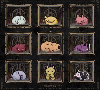 alleesaur artificer_(rain_world) black_background closed_eyes creature english_text facial_mark gourmand_(rain_world) holding_own_tail hunter_(rain_world) inv_(rain_world) monk_(rain_world) no_humans no_mouth polearm rain_world rivulet_(rain_world) saint_(rain_world) scar scar_across_eye scar_on_face scar_on_hip sleeping slugcat spear spearmaster_(rain_world) survivor_(rain_world) tail u_u weapon