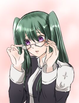 1girl abstract_background adjusting_eyewear black_jacket black_order_uniform blush cross d.gray-man glasses gradient_background green_hair hair_between_eyes hair_over_shoulder hand_on_eyewear highres jacket lenalee_lee long_hair looking_down looking_to_the_side mimo0211 parted_lips pink_background purple_eyes sidelocks solo striped_clothes striped_jacket twintails vertical-striped_clothes vertical-striped_jacket