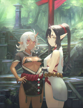 Rule 34 | 2girls, bangle, black dress, black hair, bracelet, breasts, dark-skinned female, dark skin, dress, highres, horns, jewelry, long hair, looking at viewer, medium breasts, miyamoto satoru, multiple girls, oni, original, outdoors, pointy ears, ponytail, red eyes, revealing clothes, short dress, short hair, single horn, skin-covered horns, stairs, torii, white dress, white hair, yellow eyes