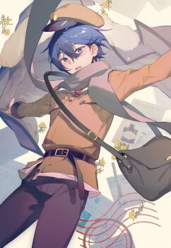 1boy absurdres arms_out bag beileimao belt black_belt black_pants blue_eyes blue_hair brown_jacket coat flat_cap flower fur-trimmed_coat fur_trim grey_scarf hair_between_eyes hat highres holding holding_unworn_clothes jacket kaito_(vocaloid) letter looking_at_viewer mailman male_focus messenger_bag open_mouth pants scarf short_hair shoulder_bag solo stamp_mark uniform upper_body vocaloid yellow_flower