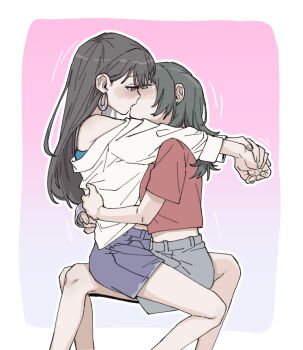 2girls bang_dream! bang_dream!_it&#039;s_mygo!!!!! black_hair blue_eyes blue_skirt blush criangle_k. eye_contact grey_skirt hug kiss long_hair looking_at_another medium_hair multicolored_hair multiple_girls on_lap outline purple_eyes red_shirt roots_(hair) shiina_taki shirt short_sleeves sitting skirt white_outline yahata_umiri yuri