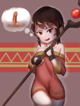 1girl bare_shoulders black_gloves brown_hair collarbone dress drooling excited eyelashes feet_out_of_frame female_focus fingerless_gloves flat_chest gloves holding holding_staff imagining kono_subarashii_sekai_ni_shukufuku_wo! loli looking_at_viewer lower_teeth_only megumin off-shoulder_dress off_shoulder open_mouth penis petite purple_background red_dress red_eyes riceball_sama saliva short_dress short_hair simple_background smile solo staff standing teeth two-tone_dress variant_set yellow_dress