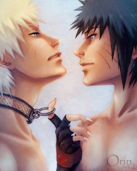 2boys black_hair blonde_hair blue_eyes choker claws eye_contact facial_mark fingerless_gloves gloves looking_at_another male_focus multiple_boys naruto:_road_to_ninja naruto_(classic) naruto_(series) naruto_shippuuden smirk topless_male uzumaki_menma uzumaki_naruto whisker_markings yaoi