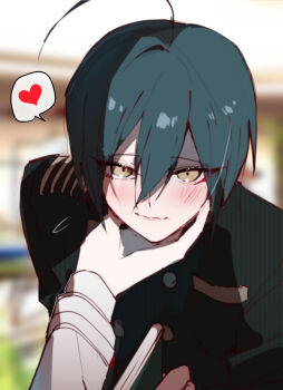 2boys ahoge black_hair black_jacket blurry blurry_background blush book brown_eyes buttons chin_on_palm_challenge chugiya collared_jacket commentary_request danganronpa_(series) danganronpa_v3:_killing_harmony hair_between_eyes half-closed_eyes heart highres holding holding_book jacket leaning_forward long_sleeves looking_at_viewer male_focus multiple_boys oma_kokichi pinstripe_jacket pinstripe_pattern pov pov_hands saihara_shuichi short_hair smile solo_focus spoken_heart upper_body yaoi