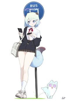 1girl :q absurdres animal_ears animalization bare_legs black_jacket blue_archive brown_skirt cellphone commentary cup dated disposable_cup dress_shirt full_body grey_bag halo heart highres holding holding_cup holding_phone jacket jacket_partially_removed microskirt mona_kkkk neck_ribbon panties pantyshot person_and_animalization phone plaid_clothes plaid_skirt pleated_skirt ponta_itachi red_ribbon ribbon road_sign school_uniform shigure_(blue_archive) shirt shoes short_hair sign signature skirt smartphone smile socks tail tongue tongue_out underwear weasel_ears weasel_girl weasel_tail white_panties white_shirt white_shoes white_socks
