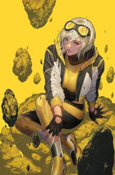 1girl black_bodysuit black_gloves blonde_hair blue_eyes bodysuit breasts dc_comics fingerless_gloves floating_rock geokinesis gloves goggles goggles_on_head homare_(fool&#039;s_art) long_hair looking_at_viewer medium_breasts multicolored_bodysuit official_art rock short_hair smile solo teen_titans terra_(dc) two-tone_bodysuit yellow_bodysuit yellow_theme