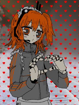 1girl a.i._voice adachi_rei alternate_costume android grey_jacket hashtag-only_commentary headset heart heart_background heart_hands high_collar highres jacket jersey_maid joints long_sleeves maid maid_headdress medium_hair one_side_up orange_eyes own_hands_together robot_joints solo track_jacket unconventional_maid upper_body utau yume_hapi_(donndmwjajsiev) zipper