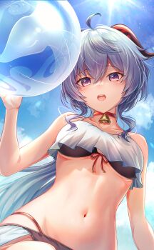 1girl absurdres ahoge alternate_costume bell bikini black_bikini blue_hair blue_sky choker collarbone commentary_request cowbell day ganyu_(genshin_impact) genshin_impact hair_between_eyes hand_up highres long_hair looking_at_viewer navel neck_bell open_mouth outdoors purple_eyes red_choker sky solo stomach swimsuit teeth upper_teeth_only very_long_hair yuno_kaihara