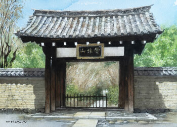 architecture artist_name blue_sky commentary_request day east_asian_architecture gate no_humans original outdoors painting_(medium) path road scenery signature sky traditional_media tree watanabe_masato watercolor_(medium)
