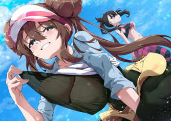 2girls absurdres black_choker black_hair blush bodystocking breast_lift breasts bright_pupils brown_hair center-flap_bangs choker clothes_lift commentary_request covered_erect_nipples day donut_hair_bun double_bun dutch_angle floating_hair grin hair_between_eyes hair_bun half-closed_eyes hand_up highres large_breasts leaning_forward leggings lifting_own_clothes long_hair looking_at_viewer marnie_(pokemon) multiple_girls nintendo no_bra outdoors parted_lips pokemon pokemon_bw2 pokemon_swsh raglan_sleeves rosa_(pokemon) see-through_bodystocking see-through_clothes shirt shirt_lift shorts sitting small_breasts smile standing sweat teasing twintails unaligned_breasts underboob very_long_hair visor_cap white_pupils yellow_shorts zelitto