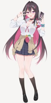 1girl absurdres alternate_costume asymmetrical_sidelocks azki_(gyaru)_(hololive) azki_(hololive) breasts cardigan cardigan_around_waist cellphone choumei_(qca012005) cleavage clothes_around_waist colored_inner_hair commentary_request double-parted_bangs hair_between_eyes hair_intakes hair_ornament hairclip heart_collar heart_pendant highres hololive long_hair looking_at_viewer multicolored_hair open_mouth pendant_collar phone pink_hair pink_streaks pioneer_(azki) pleated_skirt purple_eyes school school_uniform shirt sidelocks skirt smartphone smile streaked_hair very_long_hair virtual_youtuber white_shirt white_streaks