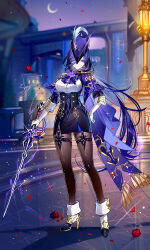 Rule 34 | 1girl, absurdres, ascot, black hair, blue hair, breasts, clorinde (genshin impact), corset, genshin impact, gloves, hat, hat feather, highres, holding, holding sword, holding weapon, jewelry, large breasts, long hair, looking at viewer, night, night sky, pantyhose, purple eyes, purple hair, sheya, shirt, skirt, sky, solo, standing, sword, tricorne, very long hair, weapon, white gloves, white shirt