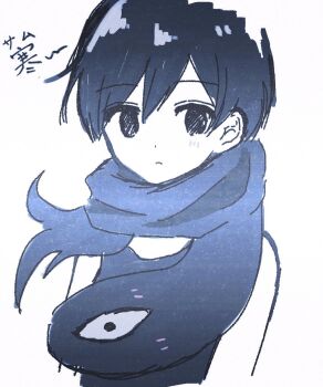 1boy black_eyes black_hair black_scarf black_tank_top closed_mouth colored_skin double-parted_bangs hair_between_eyes highres looking_at_viewer male_focus omori omori_(omori) scarf short_hair simple_background solo something_(omori) tank_top translation_request true_erg upper_body white_background white_skin