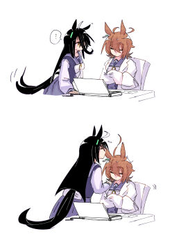 ... 2girls absurdres agnes_tachyon_(umamusume) animal_ears blonde_hair bow bowtie brown_hair chair computer crossed_arms desk gachitamago hair_between_eyes highres horse_ears horse_girl horse_tail kissing_ear laptop long_bangs long_hair long_hair_between_eyes manhattan_cafe_(umamusume) motion_lines multiple_girls no_mouth on_chair pleated_skirt purple_sailor_collar purple_shirt purple_skirt sailor_collar school_uniform shirt short_hair simple_background sitting skirt sleeping spoken_ellipsis tail tracen_school_uniform umamusume very_long_hair white_background white_bow white_bowtie