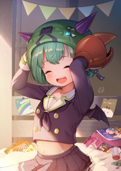 bed black_sailor_collar bungo_yayoi chikuwa0u0 chips_(food) closed_eyes collarbone crab_claw demon_wings fake_horns fake_wings food green_hair hat heaven_burns_red highres horns long_sleeves navel note on_bed open_mouth sailor_collar short_hair sitting skirt string_of_flags wings