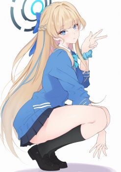 1girl absurdres black_shoes black_socks blonde_hair blue_archive blue_bow blue_bowtie blue_cardigan blue_eyes blue_hair blue_halo blue_scrunchie blue_skirt bow bowtie braid cardigan closed_mouth commentary from_side halo highres kneehighs loafers long_hair looking_at_viewer miniskirt multicolored_hair pleated_skirt riu_play school_uniform scrunchie shoes simple_background skirt sleeves_pushed_up socks solo squatting streaked_hair toki_(blue_archive) toki_(school_uniform)_(blue_archive) very_long_hair w white_background wrist_scrunchie