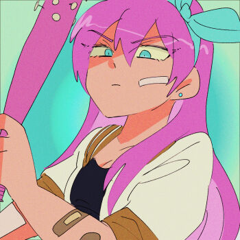 1girl andou_(sino_spkt) aubrey_(faraway)_(omori) aubrey_(omori) bandaid bandaid_on_arm bandaid_on_cheek bandaid_on_face baseball_bat blue_eyes blue_hairband breasts cleavage closed_mouth collarbone double-parted_bangs ear_piercing hair_between_eyes hairband holding holding_baseball_bat jacket long_hair looking_at_viewer nail_(hardware) nail_bat omori open_clothes open_jacket piercing pink_hair short-sleeved_jacket short_sleeves sidelocks small_breasts solo upper_body white_jacket