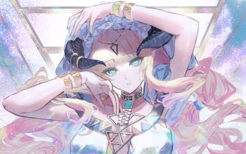 1girl ariji arknights blonde_hair blue_eyes bracelet breasts dress forward-facing_horns frilled_veil gold_bracelet gold_choker highres horns horns_through_headwear horns_through_hood jewelry long_hair looking_at_viewer nightingale_(arknights) nightingale_(iakhu_of_flows)_(arknights) official_alternate_costume pointy_ears solo very_long_hair white_dress white_headdress