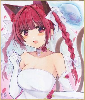 1girl animal_ears blush bow braid breasts bridal_veil cat_ears cat_girl cat_tail choker cleavage collarbone commentary_request dress elbow_gloves extra_ears fang gloves hair_bow highres hoshi_tea_party kaenbyou_rin large_breasts long_hair looking_at_viewer multiple_tails open_mouth red_eyes red_hair side_braids skin_fang solo tail touhou traditional_media twin_braids upper_body veil wedding_dress white_bow white_choker white_dress white_gloves
