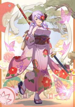 1girl aircraft airship blue_eyes bug butterfly butterfly_ornament circle demon_horns draph dress fish flower flower_on_head flower_print full_body granblue_fantasy hair_ornament hairclip half-closed_eyes hand_on_own_chest horns insect japanese_clothes kimono large_fish large_horns long_earlobes long_hair long_sword narmaya_(granblue_fantasy) one_eye_covered open_mouth pink_dress pink_hair pink_kimono red_eyes sandals smile smoke snake socks solo standing tree tugeyakumo white_snake white_socks zori