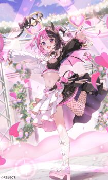 Rule 34 | 1girl, :d, amaki pururu, asymmetrical wings, black horns, black shirt, black skirt, black tail, bow, brown hair, commentary request, copyright name, copyright notice, frilled skirt, frills, heart, heterochromia, high heels, highres, horns, long sleeves, looking at viewer, medium hair, midriff, miniskirt, momoshiki tsubaki, multicolored hair, navel, open mouth, outdoors, outstretched arms, pink eyes, pink hair, pink shoes, pink wings, purple eyes, reject (esports), shirt, shoes, single horn, skirt, smile, solo, standing, standing on one leg, teeth, two-tone hair, upper teeth only, virtual youtuber, white bow, white shirt, white skirt, white wings, wings
