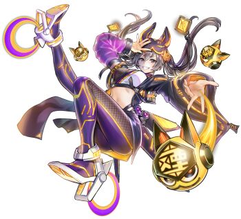 Rule 34 | 1girl, anonymous (yu-gi-oh!), arm up, asymmetrical sleeves, black hair, breasts, cropped jacket, detached sleeves, duel monster, game cg, grin, high heels, highres, i:p masquerena, leg up, leggings, long hair, looking at viewer, mask, mask on head, medium breasts, midriff, non-web source, official alternate costume, official art, purple eyes, see-through clothes, see-through sleeves, smile, solo, stitched, third-party edit, transparent background, twintails, yu-gi-oh!, yu-gi-oh! master duel