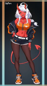 1girl absurdres ahoge belt black_background black_jacket black_pantyhose braid breasts cleavage colored_skin contrapposto demon_girl demon_horns demon_tail dolphin_shorts ember_(jay_flare) fangs gradient_background hair_ornament hair_tie hand_on_own_hip hand_on_own_thigh heart heart_belt_buckle heart_print highres horns huge_ahoge jacket jay_flare jewelry large_breasts long_sidelocks long_sleeves looking_at_viewer midriff navel necklace off_shoulder open_mouth orange_sports_bra orange_top original pantyhose pointy_ears red_horns red_skin red_tail shoes shorts sidelocks single_braid sneakers solo sports_bra standing swept_bangs tail tongue watermark white_belt white_hair zipper_top
