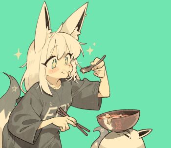+_+ 1girl ahoge animal_ear_fluff animal_ear_piercing animal_ears aqua_eyes black_eyes black_shirt blue_background blush braid chinese_spoon chopsticks closed_mouth cocomayo29_(tomato) commentary crumbs eating fish_cake food fox_ears fox_girl fox_tail from_side hashtag-only_commentary highres holding holding_chopsticks hololive long_hair miteiru_(shirakami_fubuki) noodles oversized_clothes pentagram puffy_cheeks ramen shirakami_fubuki shirt side_braid simple_background single_braid slurping solo_focus sparkle symbol-only_commentary t-shirt tail virtual_youtuber white_hair