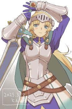 1girl armor armored_dress blonde_hair blue_dress blue_eyes cape closed_mouth commentary_request dated dress forte_(rune_factory) gauntlets gradient_background headpiece highres holding holding_sword holding_weapon long_sleeves looking_at_viewer ponytail rune_factory rune_factory_4 simple_background solo sword u7yrfedrjpe1cvb weapon
