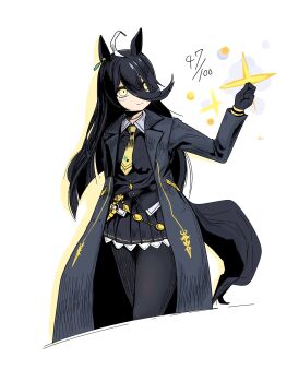 1girl abeyakinn ahoge animal_ears black_coat black_gloves black_hair black_pantyhose black_shirt black_skirt closed_mouth coat collared_shirt commentary_request ear_tag earrings gloves hair_between_eyes highres horse_ears horse_girl horse_tail jewelry long_bangs long_hair long_hair_between_eyes long_sleeves manhattan_cafe_(creeping_shadow)_(umamusume) manhattan_cafe_(umamusume) multicolored_hair necktie pantyhose shirt single_earring skirt smile solo tail umamusume white_hair yellow_eyes yellow_necktie