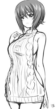 1girl breasts clenched_hand commentary_request girls_und_panzer greyscale highres kamogawa_tanuki large_breasts looking_at_viewer monochrome nishizumi_maho short_hair sideboob signature simple_background sleeveless sleeveless_turtleneck smile solo sweater turtleneck turtleneck_sweater upper_body virgin_killer_sweater white_background