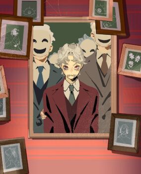 3boys 3others aged_down blue_necktie brown_necktie drawing_(object) earrings formal_clothes giorno_giovanna green_necktie grey_hair guido_mista jacket jewelry jojo_no_kimyou_na_bouken male_focus mask multiple_boys multiple_others necktie painting_(object) pannacotta_fugo picture_frame polka_dot polka_dot_jacket portrait_(object) red_eyes solo_focus ssyoukyo_sori stitched_mouth stitches straight-on suit vento_aureo vest white_hair white_mask